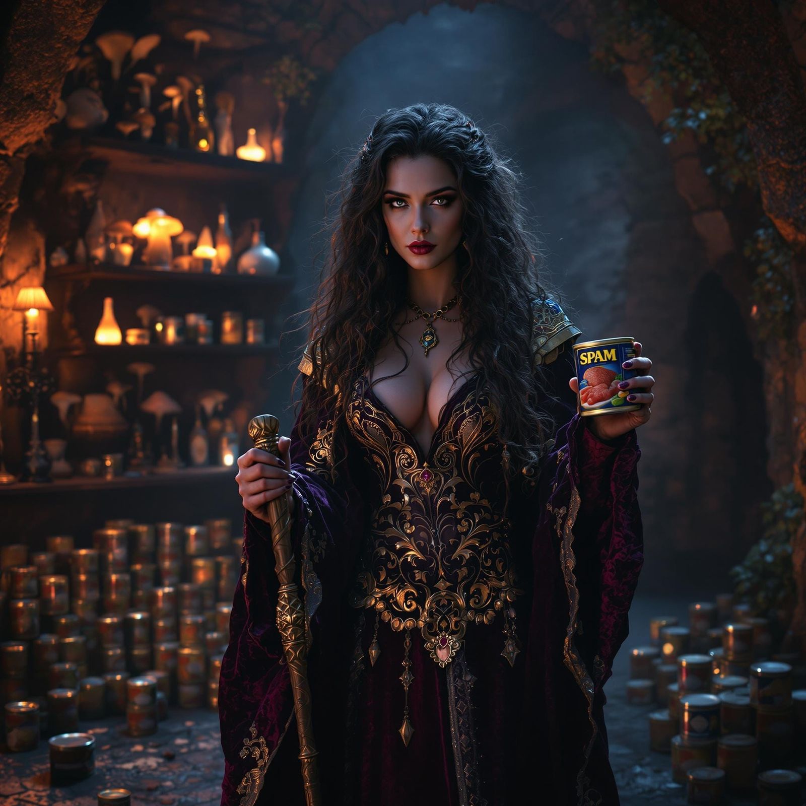 Medieval Sorceress with Spam in Mystical Dungeon