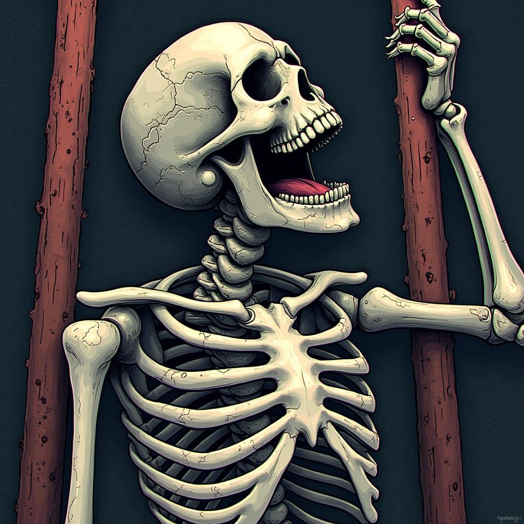 Laughing Skeleton on Gallows with Fractal Background