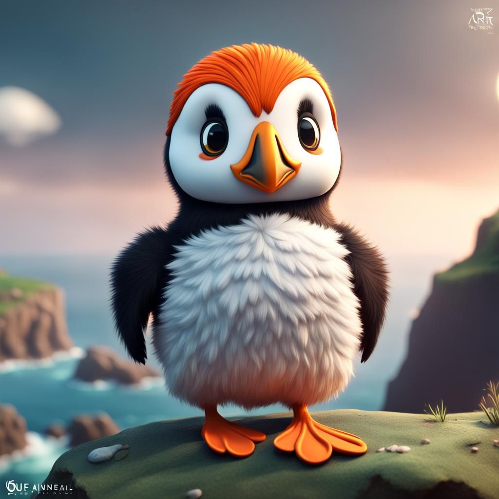 Cute 3D Puffin on a Cliff: Detailed Matte Painting