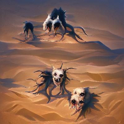 Three-Headed Dog in Desert Wasteland: Sinister Art