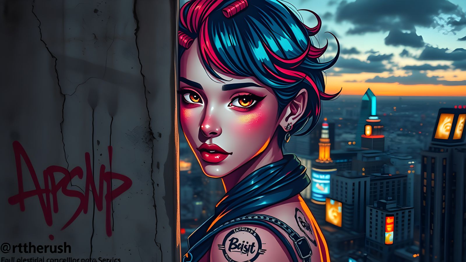 Anime Graffiti Portrait on Skyscraper at Night