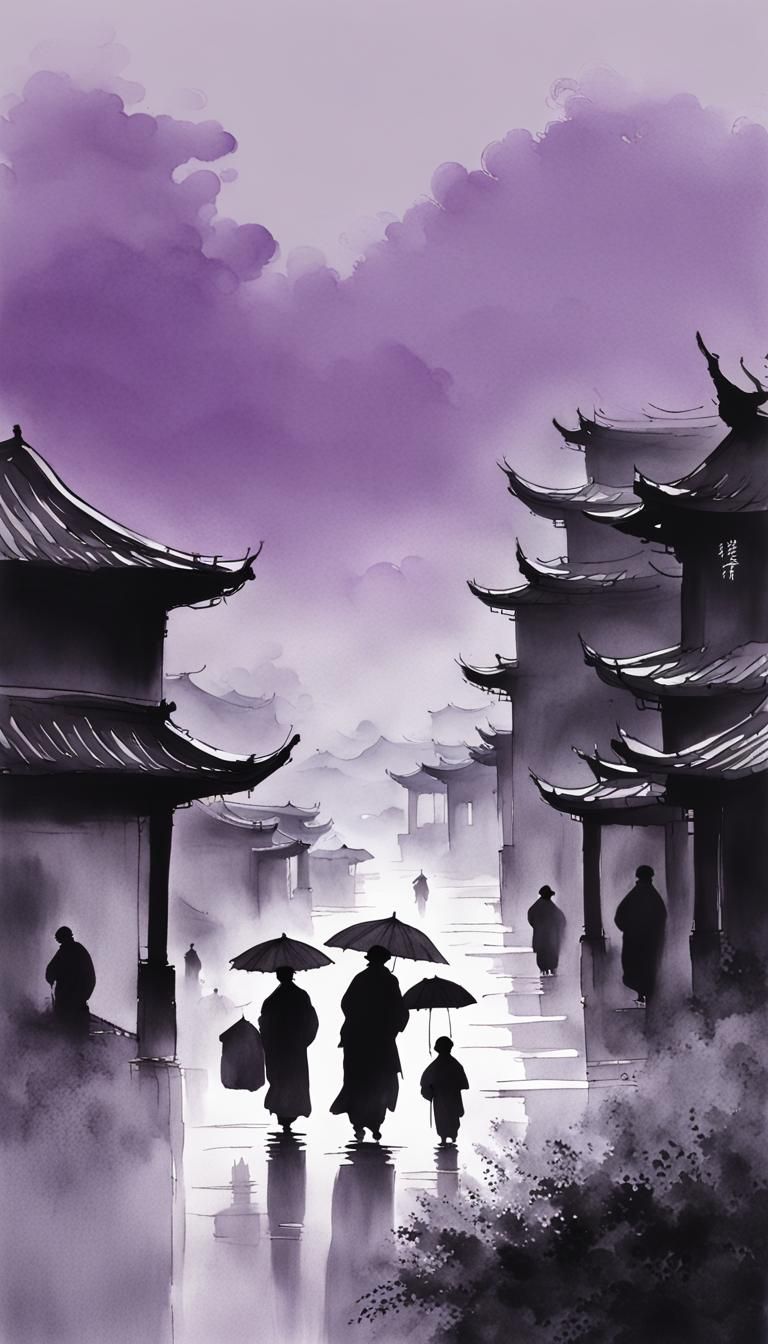 Minimalist Chinese Ink Painting of Rainy Market