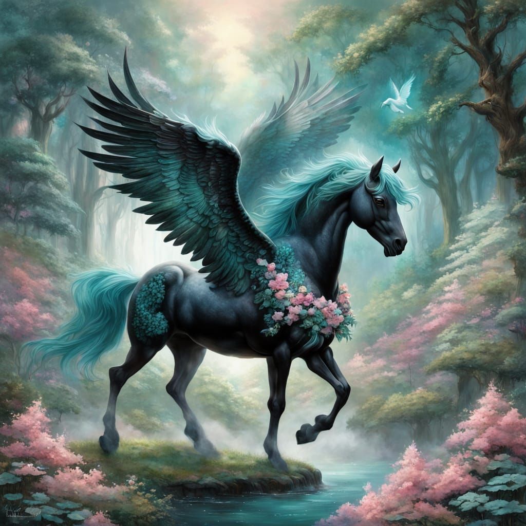 Hyperrealistic Pegasus with Floral Body in Ethereal Forest