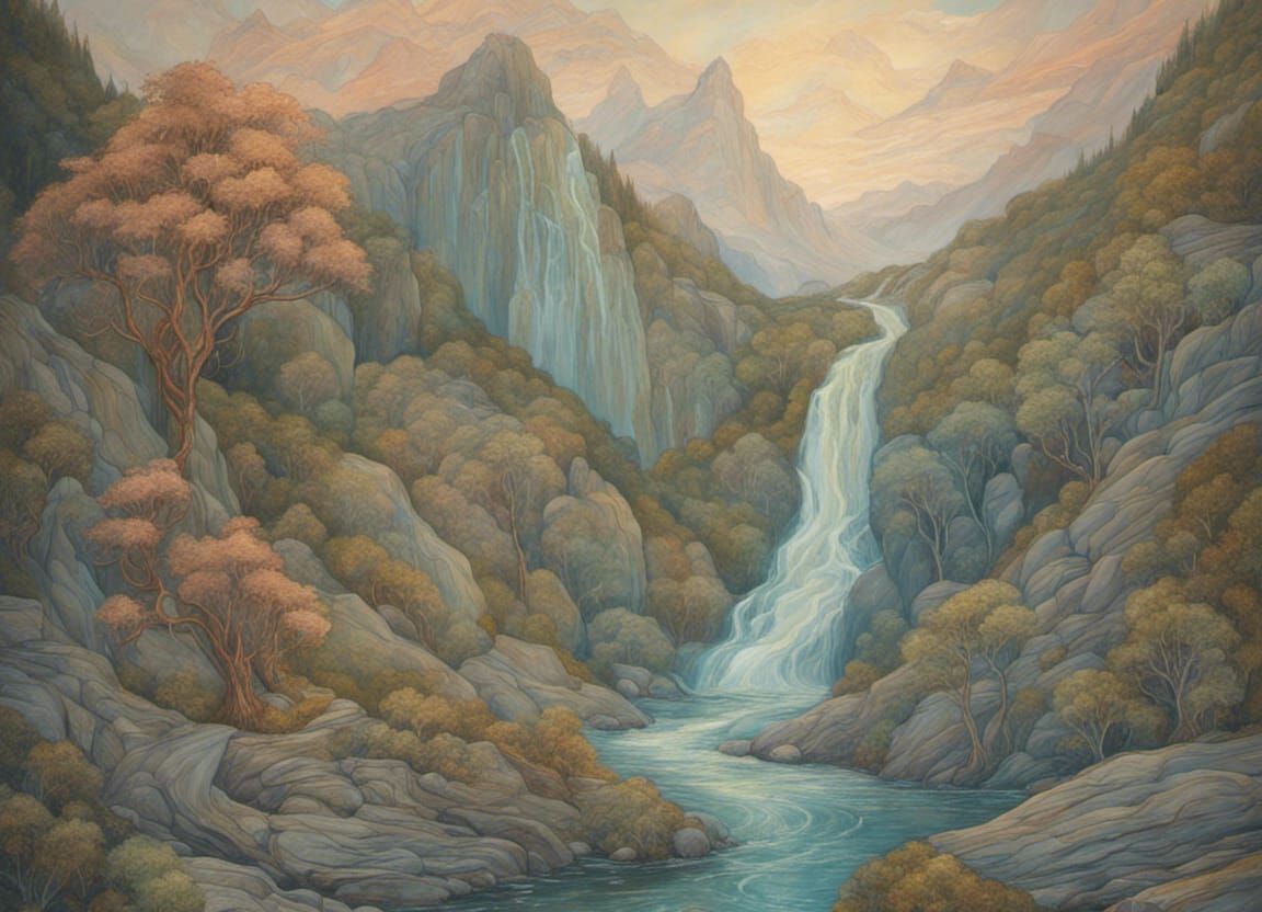 Romantic Waterfall and Mountains at Twilight