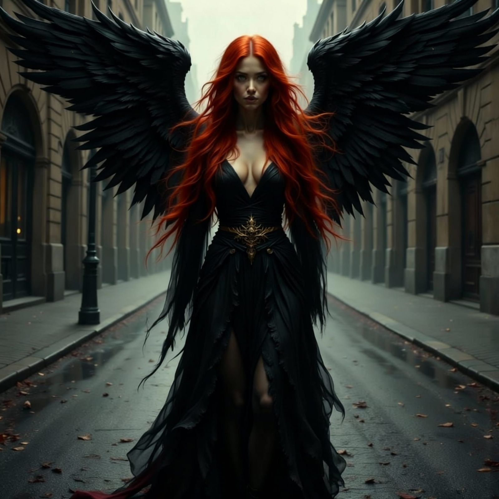 Fallen Angel with Black Wings on Empty Street
