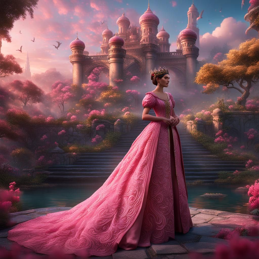 Princess in Pink Dress Gazing at Paradise