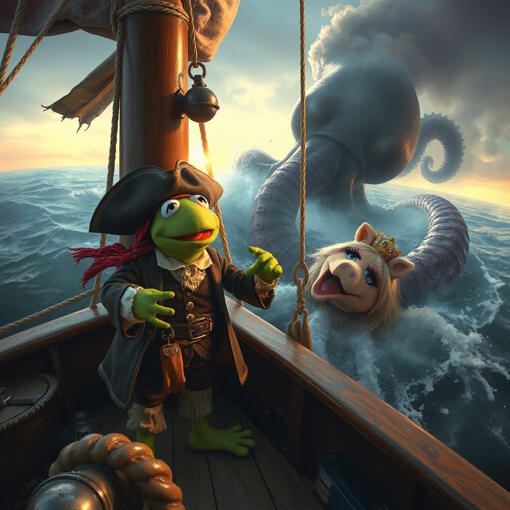 Swashbuckling Frog Pirate Battles Giant Squid in Whimsical S...