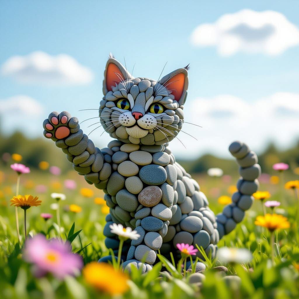 Pebble Cat Playing in Flower Field