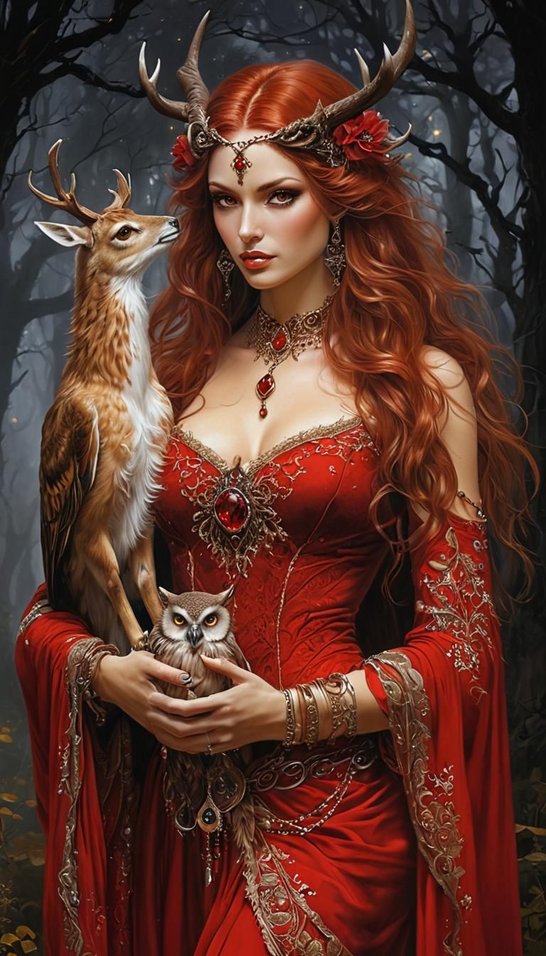 Bronze Woman with Antlers in Fantasy Oil Painting