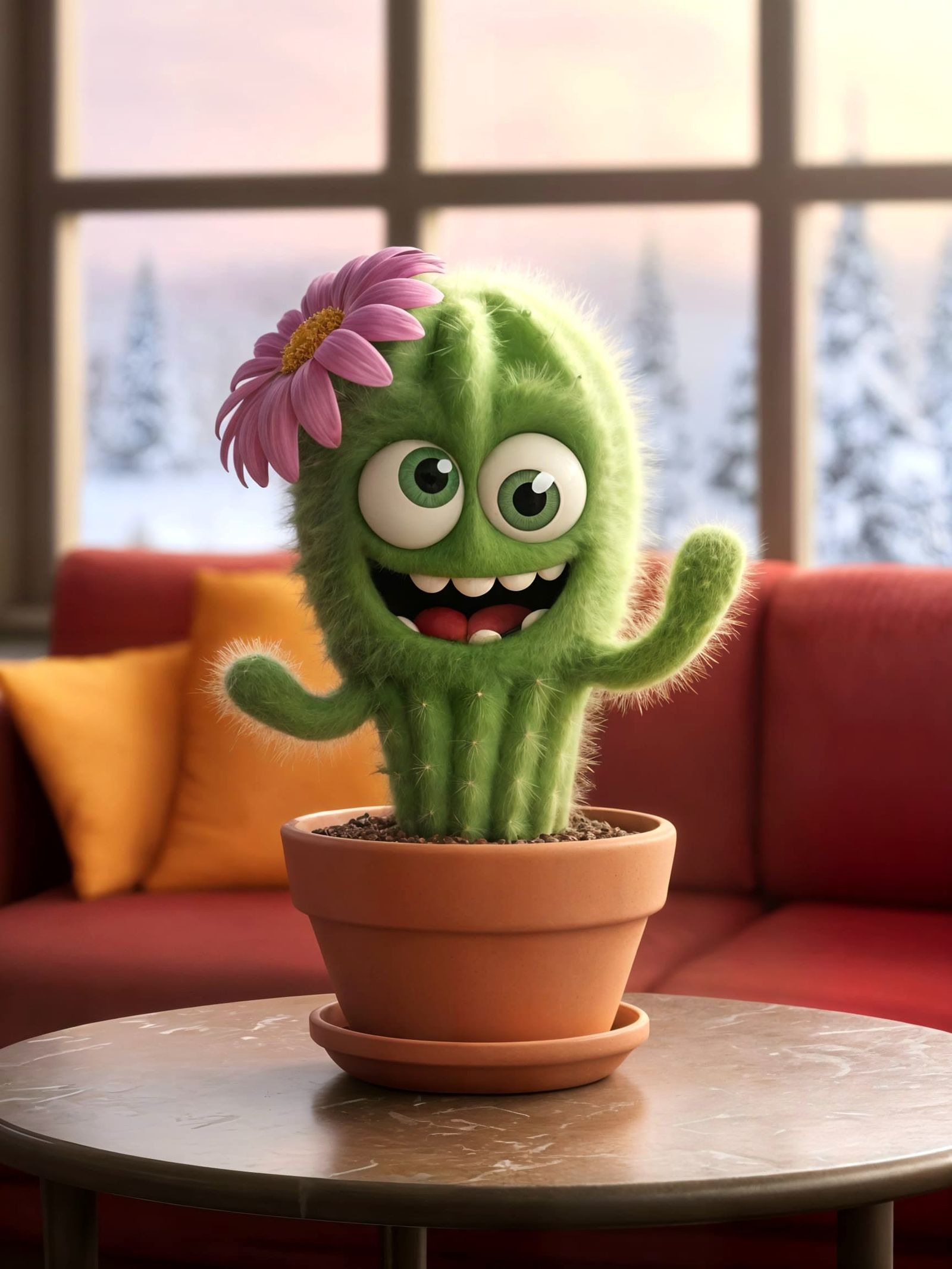 Whimsical Cactus Monster Blooms in Winter Wonderland
