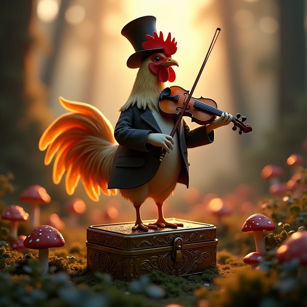 Chicken Virtuoso in Whimsical Forest, Hyperdetailed Matte Pa...
