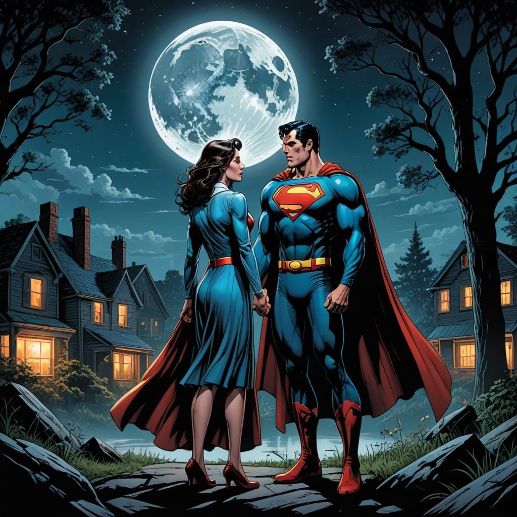 Superman and Lois Lane in a Perfect Comic Book Moonlit Scene