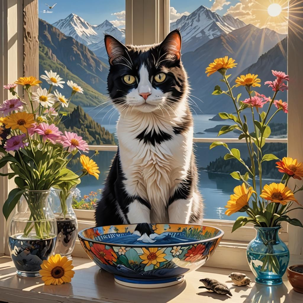Black and White Cat in Flower Bowl