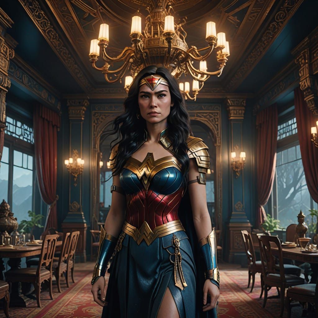 Elegant Wonder Woman Cosplay in Grand Dining Room
