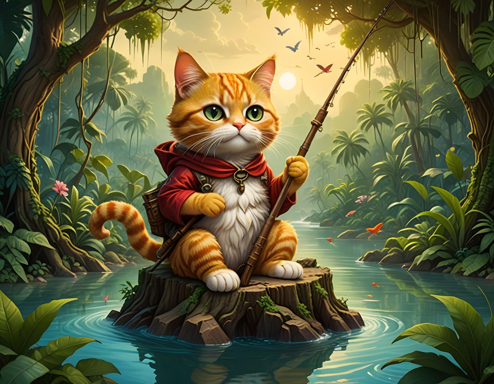 Whimsical Cat Fisherman in Lush Jungle Landscape, Storybook ...