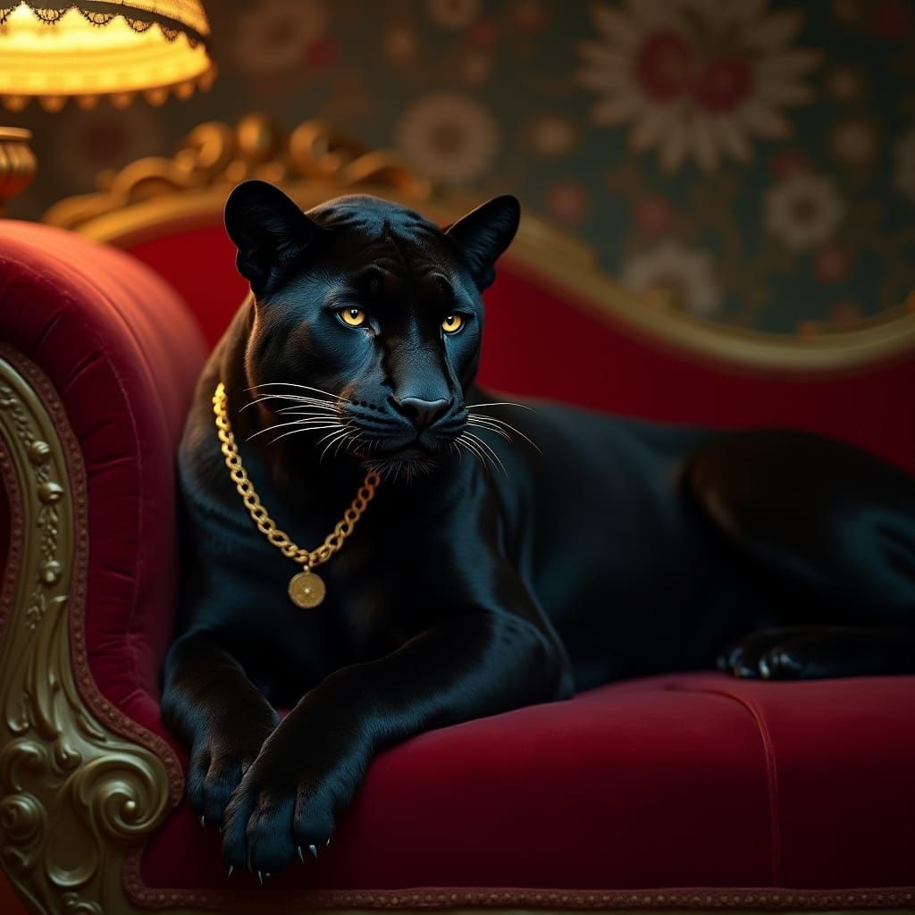 Regal Black Jaguar on Velvet Chaise in Opulent Setting
