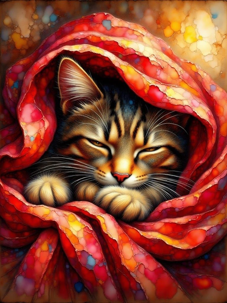 Cozy Scene of a Sleeping Tabby Cat in Warm Light