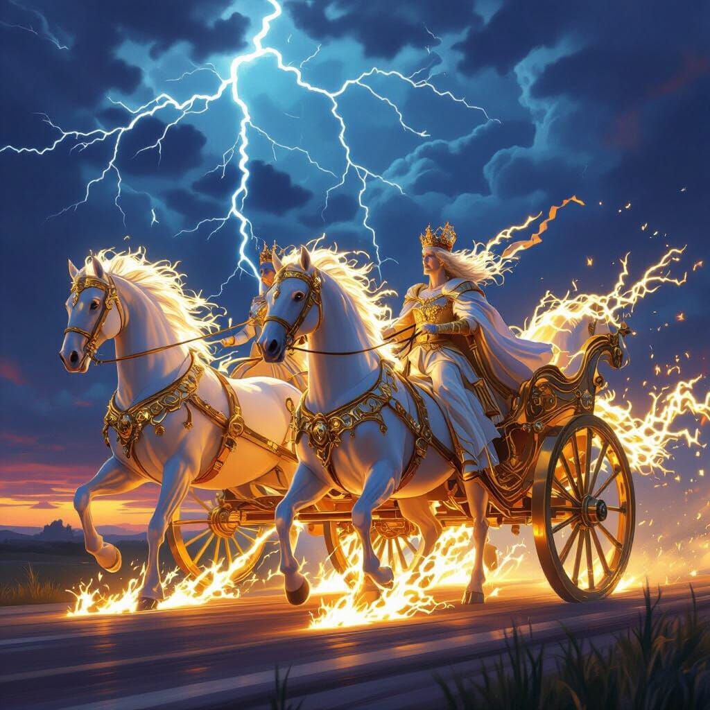 King and Queen on Lightning Chariot in Stormy Sky