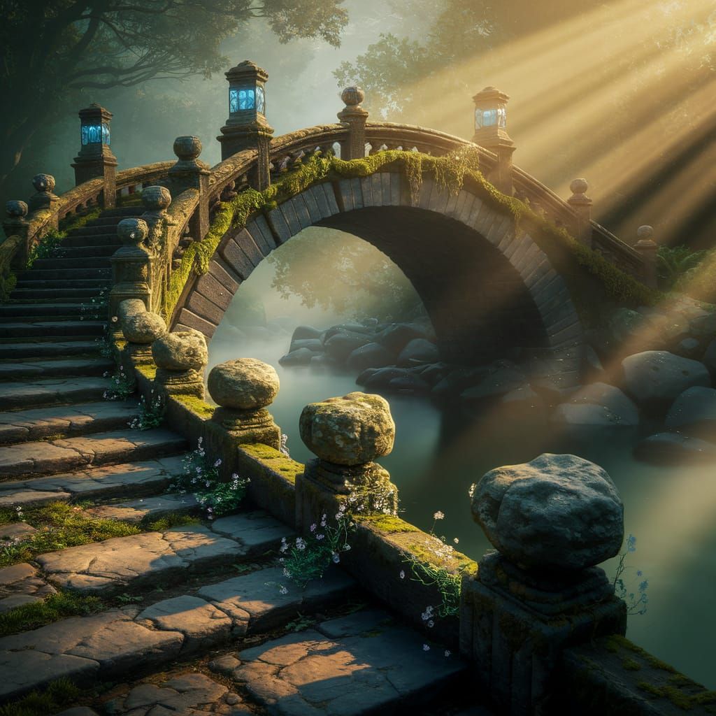 Ancient Stone Bridge in a Misty Forest Glade