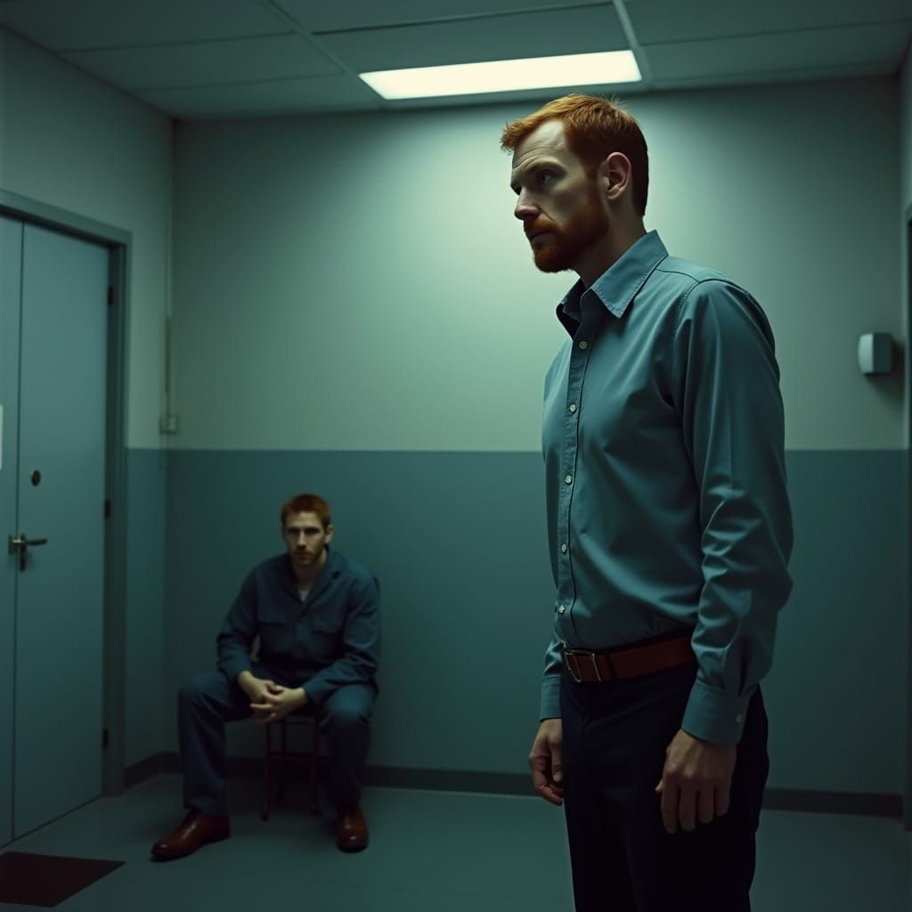 Red-Haired Man in Interrogation Room in Film Noir Style