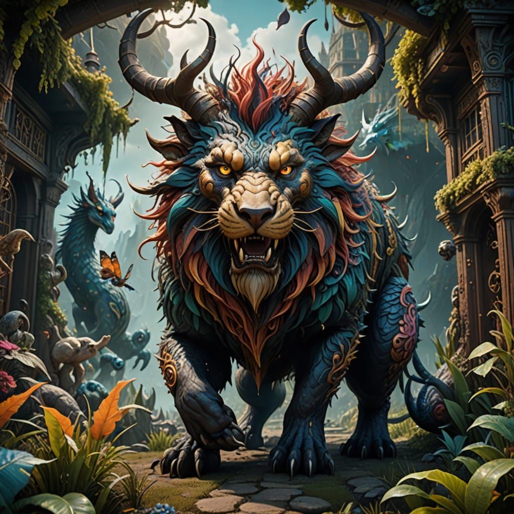 Whimsical Beast Matte Painting with Deep, Complementary Colo...