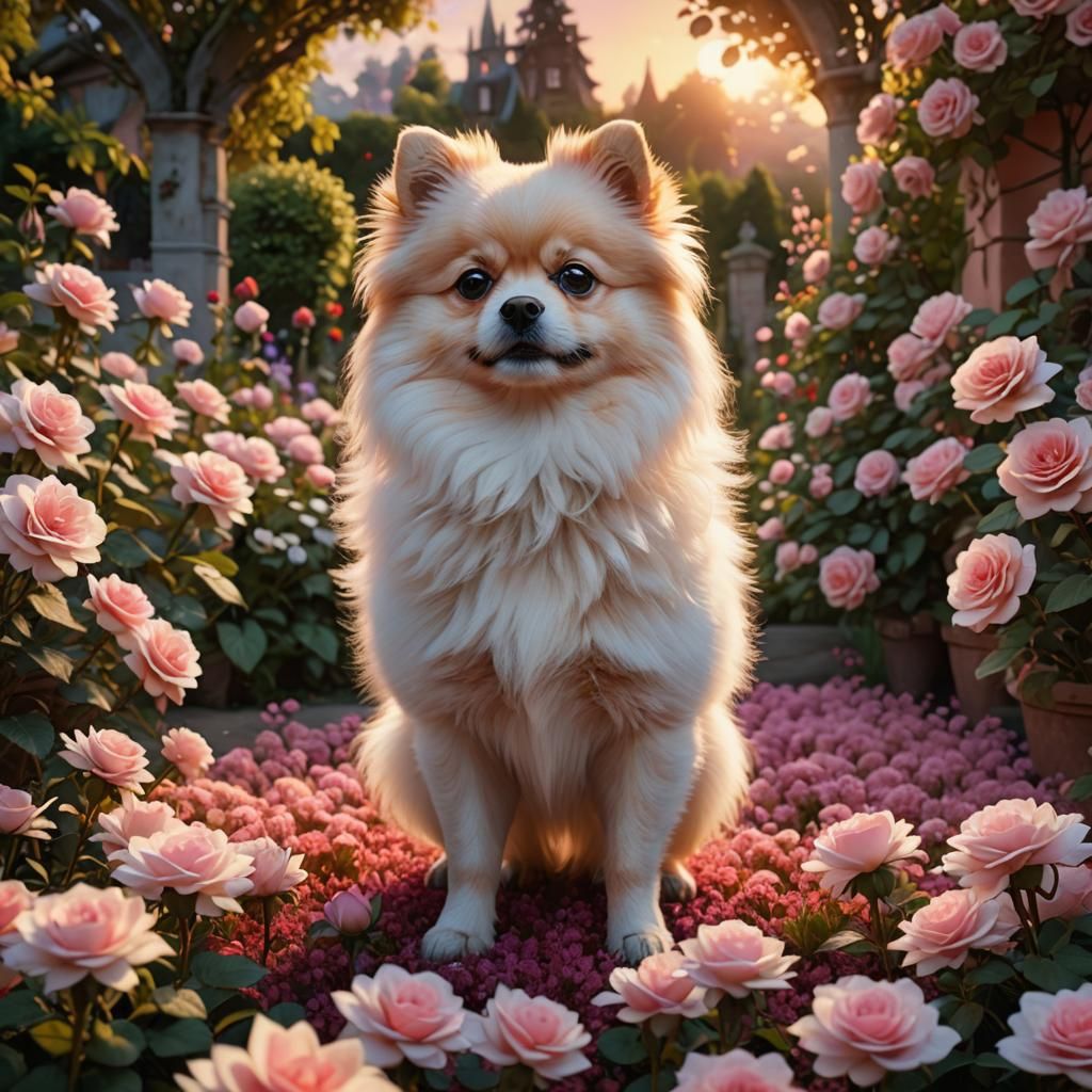 Pomeranian Dog in Garden at Sunset: Detailed Matte Painting