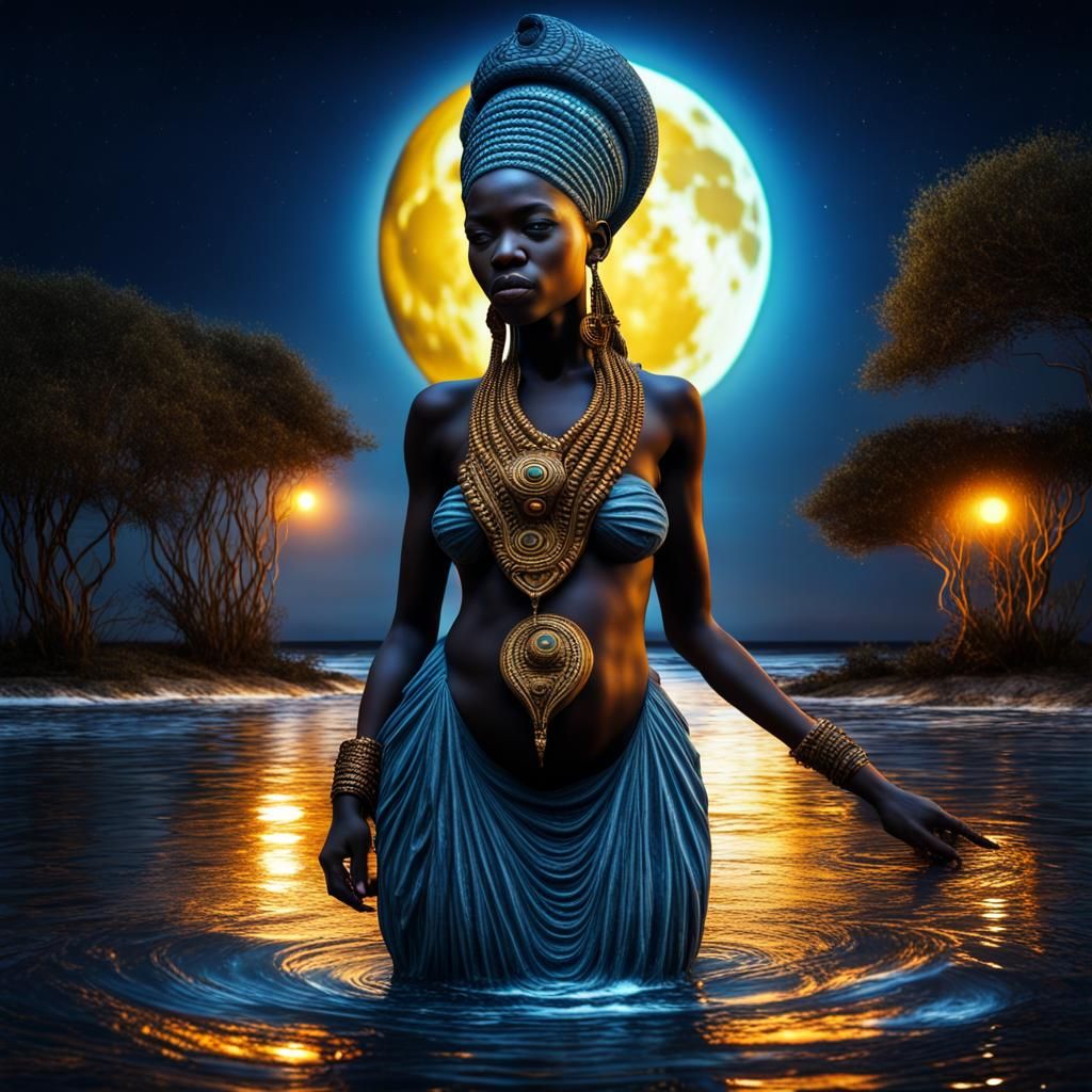 African Water Goddess Under Full Moon