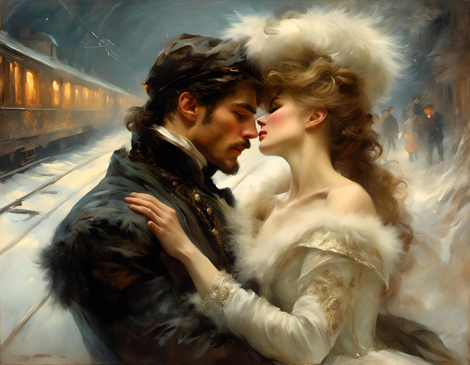 Passionate Embrace in Snowy Russia: Edwardian Pastel Art