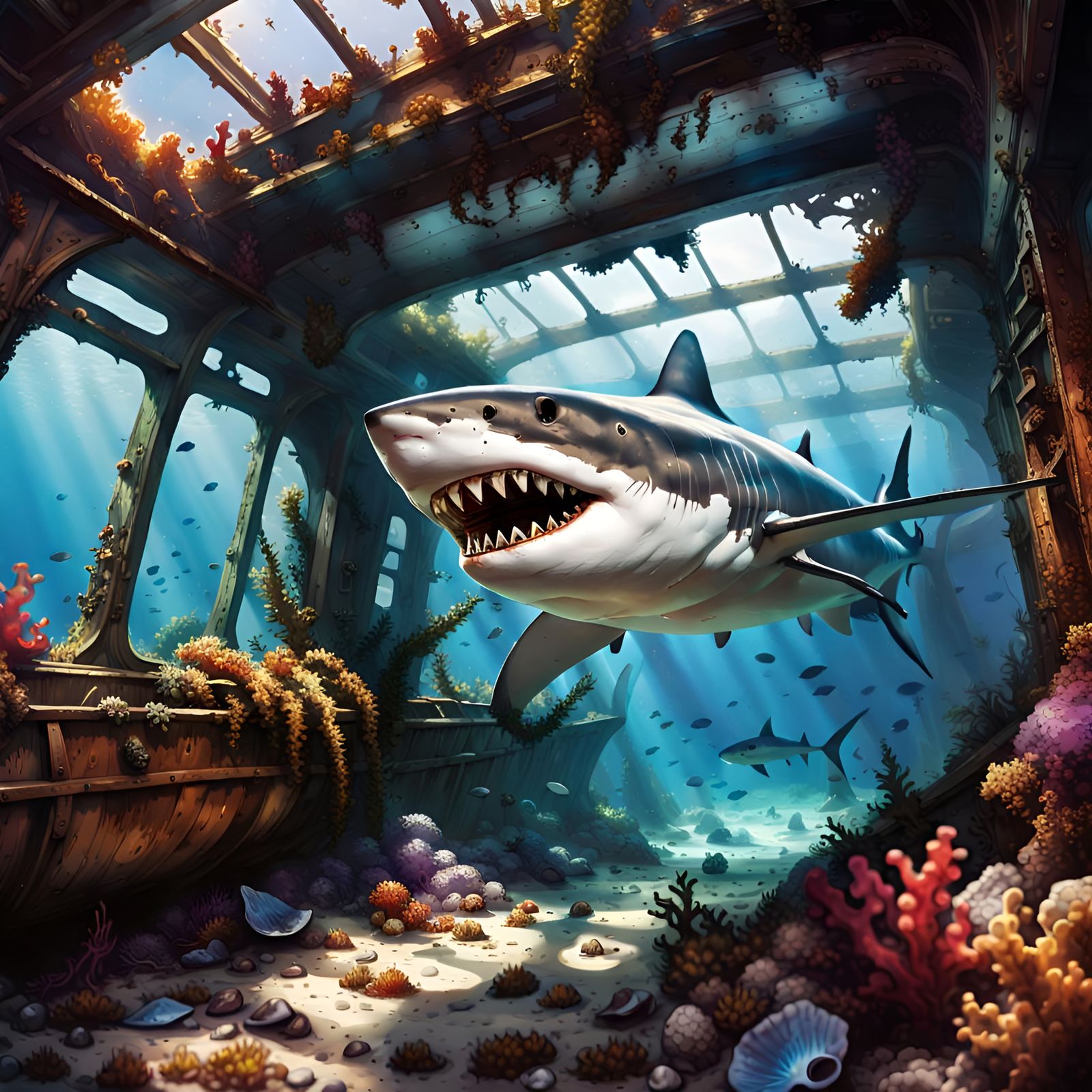 8k; dark; worms eye view; photo-realistic; white pointer shark scenic illustration; shark inside old ship wreck; colorfu...