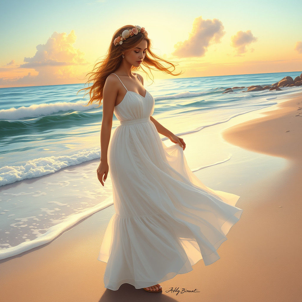 Sunset Beach Serenity in Romantic Realism Style