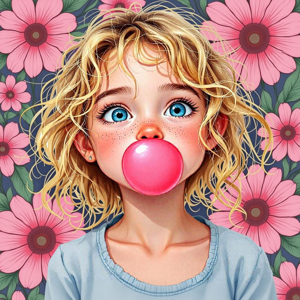 Girl with Bubblegum in Bold, Playful Style