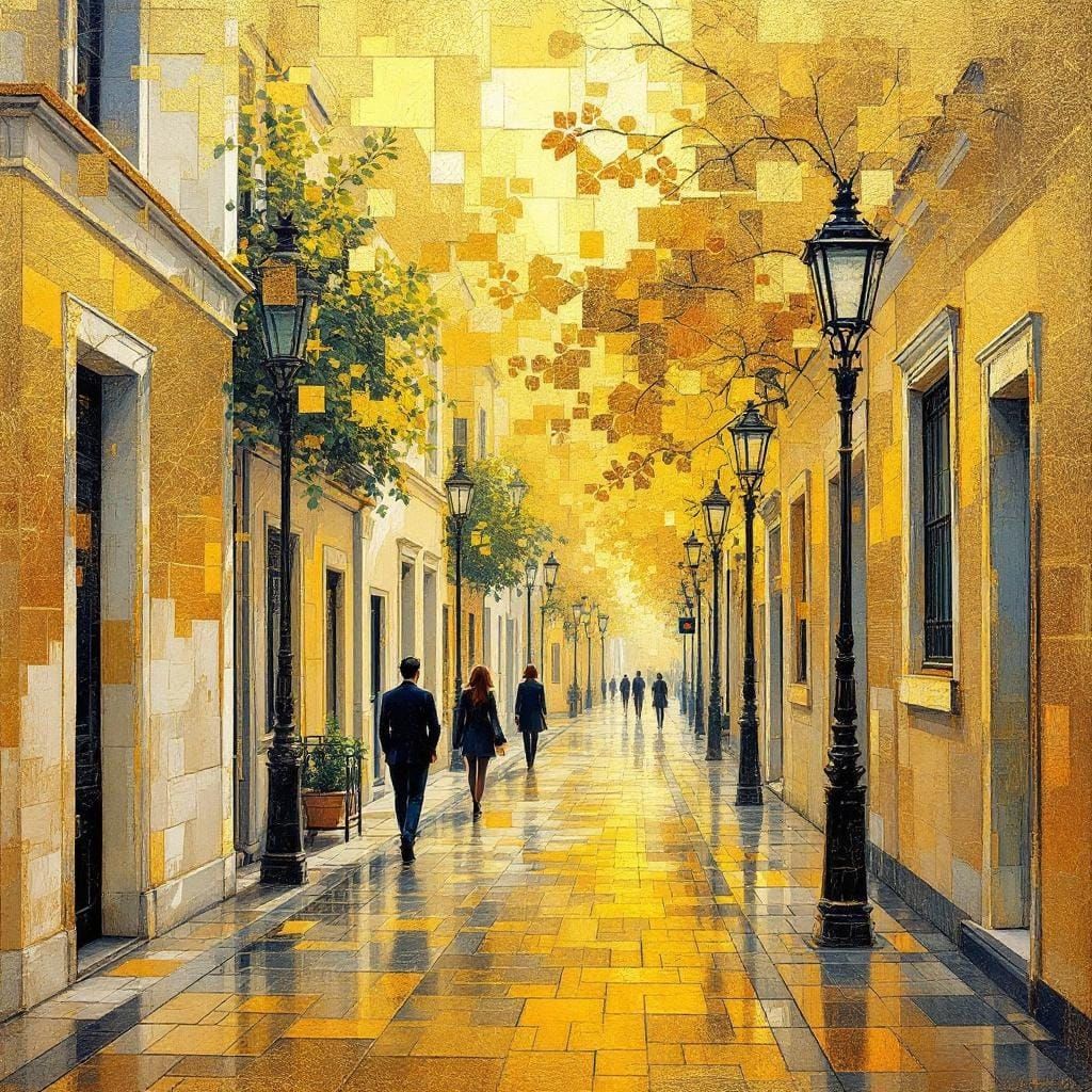 Woman on Sunlit Street in Cubist Style