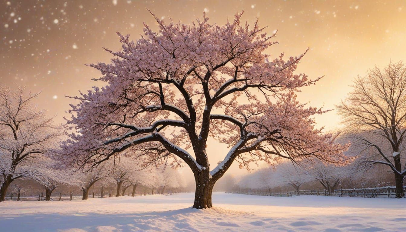 Whimsical Winter Wonderland Scene with Cherry Blossom Tree