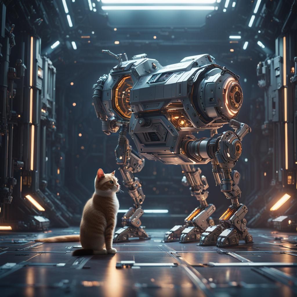 Cat and Robot Escape Space Prison: Sci-Fi Art