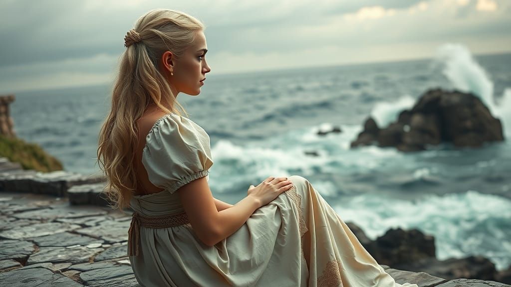 Contemplative Woman on Stormy Coastline, in Romantic Style