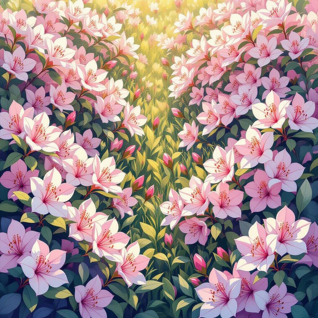 Blooming Azalea Field in Watercolor Style