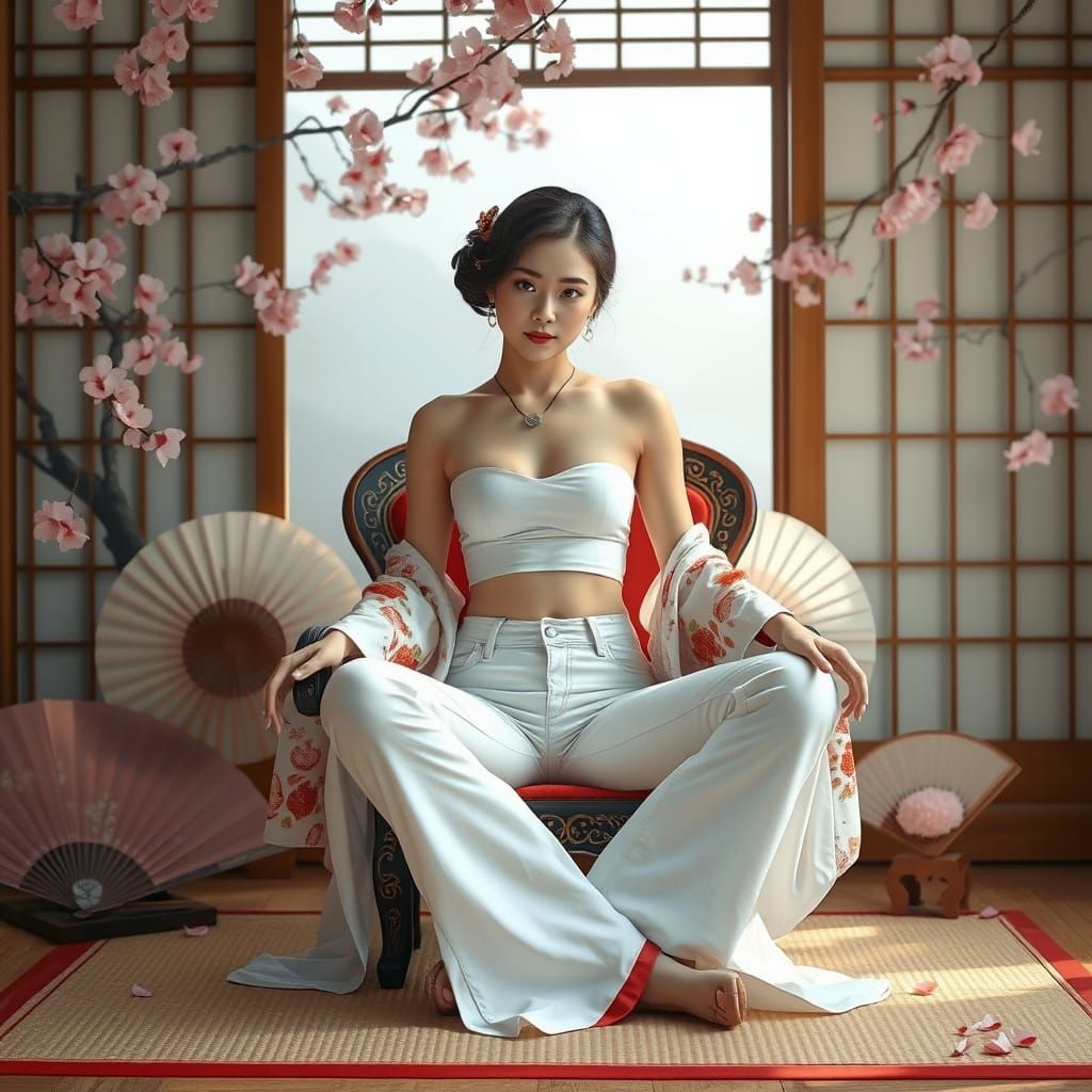 Geisha in Modern Jeans: Photorealistic Japanese Portrait