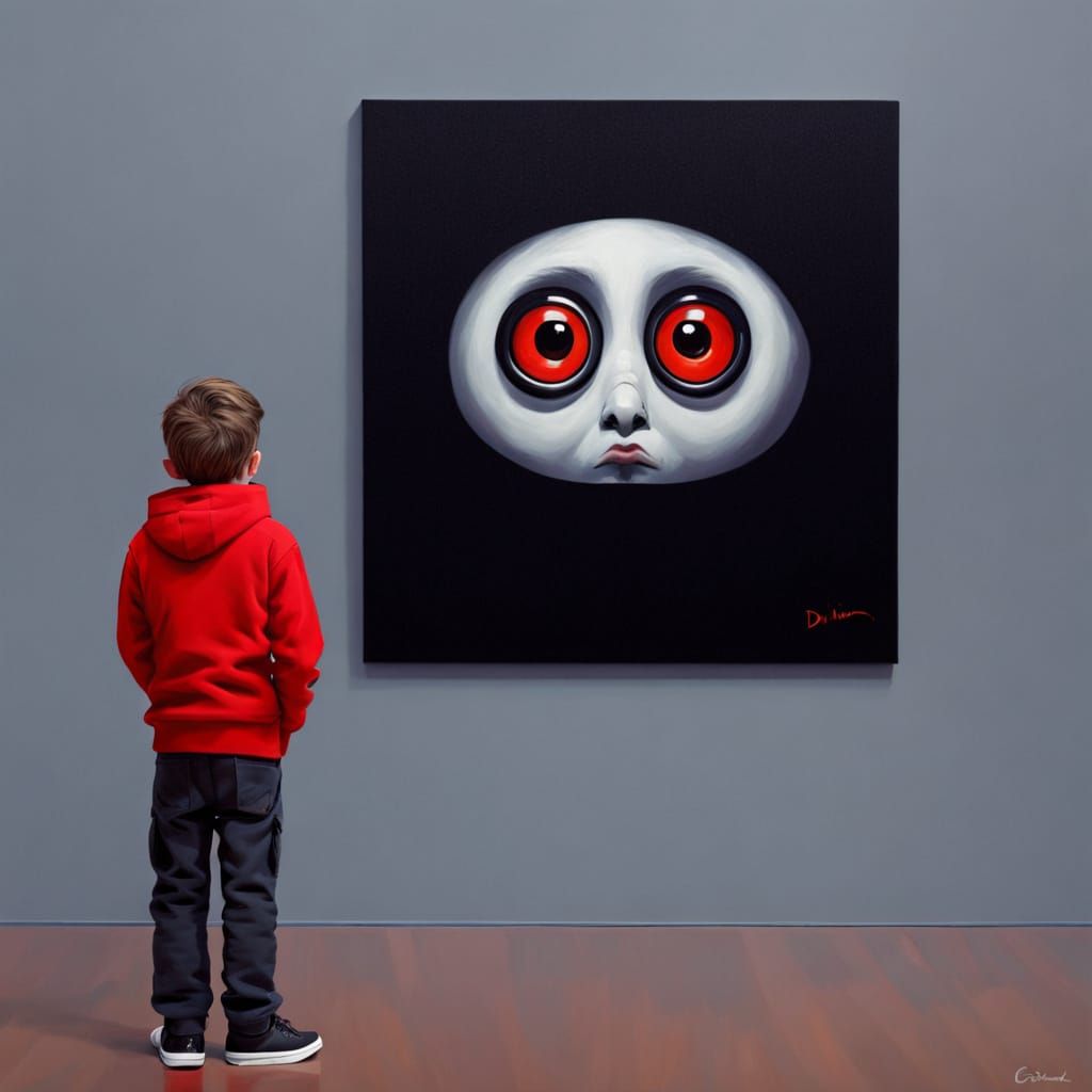 Boy Gazes at Haunting Portraits on Gigantic Canvas