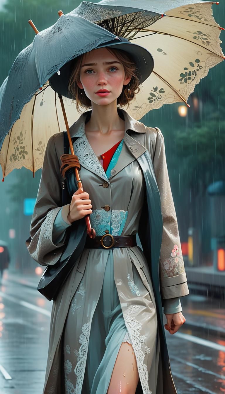 Woman in Rain with Umbrella: 3D Animation Concept Art