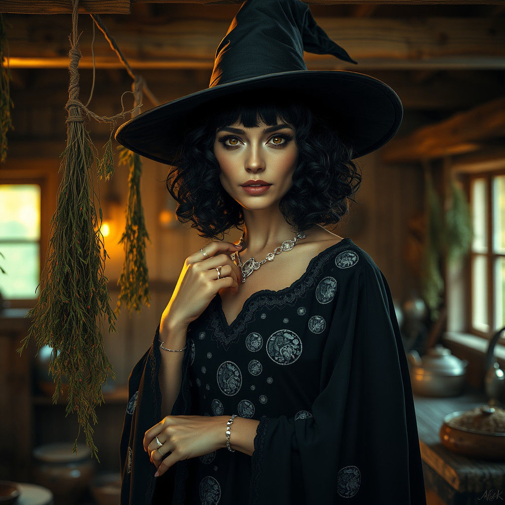 Mystical Witch in Cottage Kitchen, Detailed Matte Painting