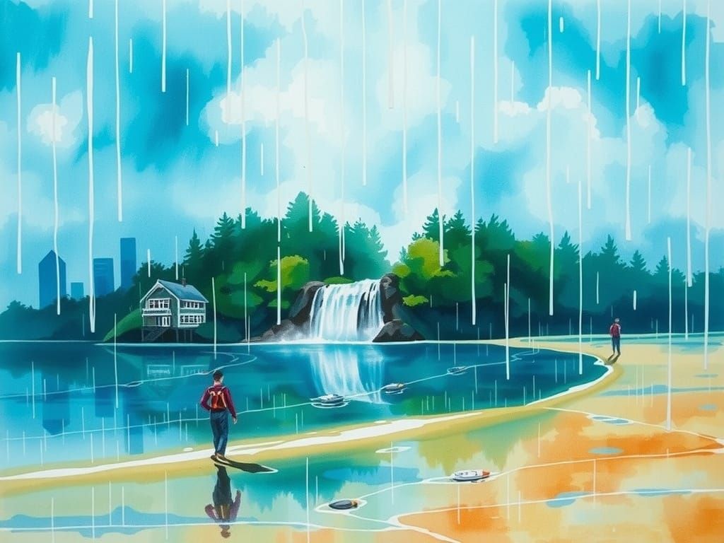 Lakeside Beach Waterfall in Turquoise Watercolour