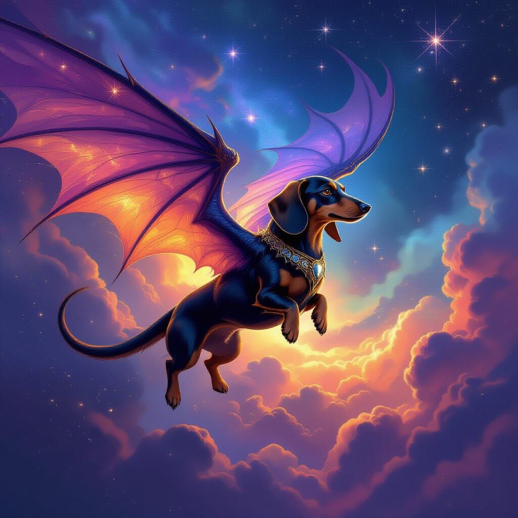 Ancient Dachshund Dragon Soars Through Cosmic Nebula