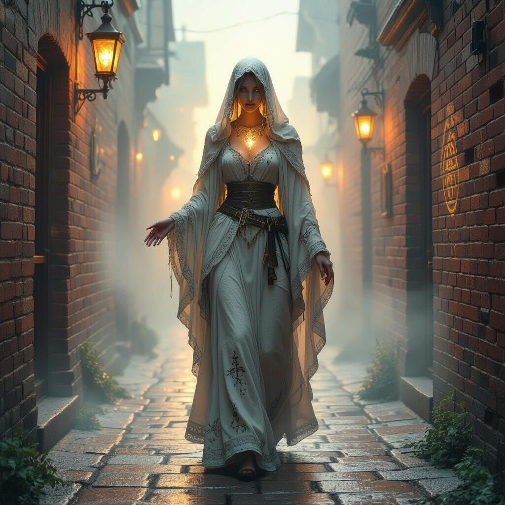 Spectral Noblewoman in Foggy Alleyway