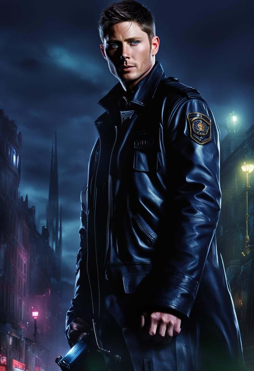 Jensen Ackles, a policeman in a leather jacket with gorgeous...