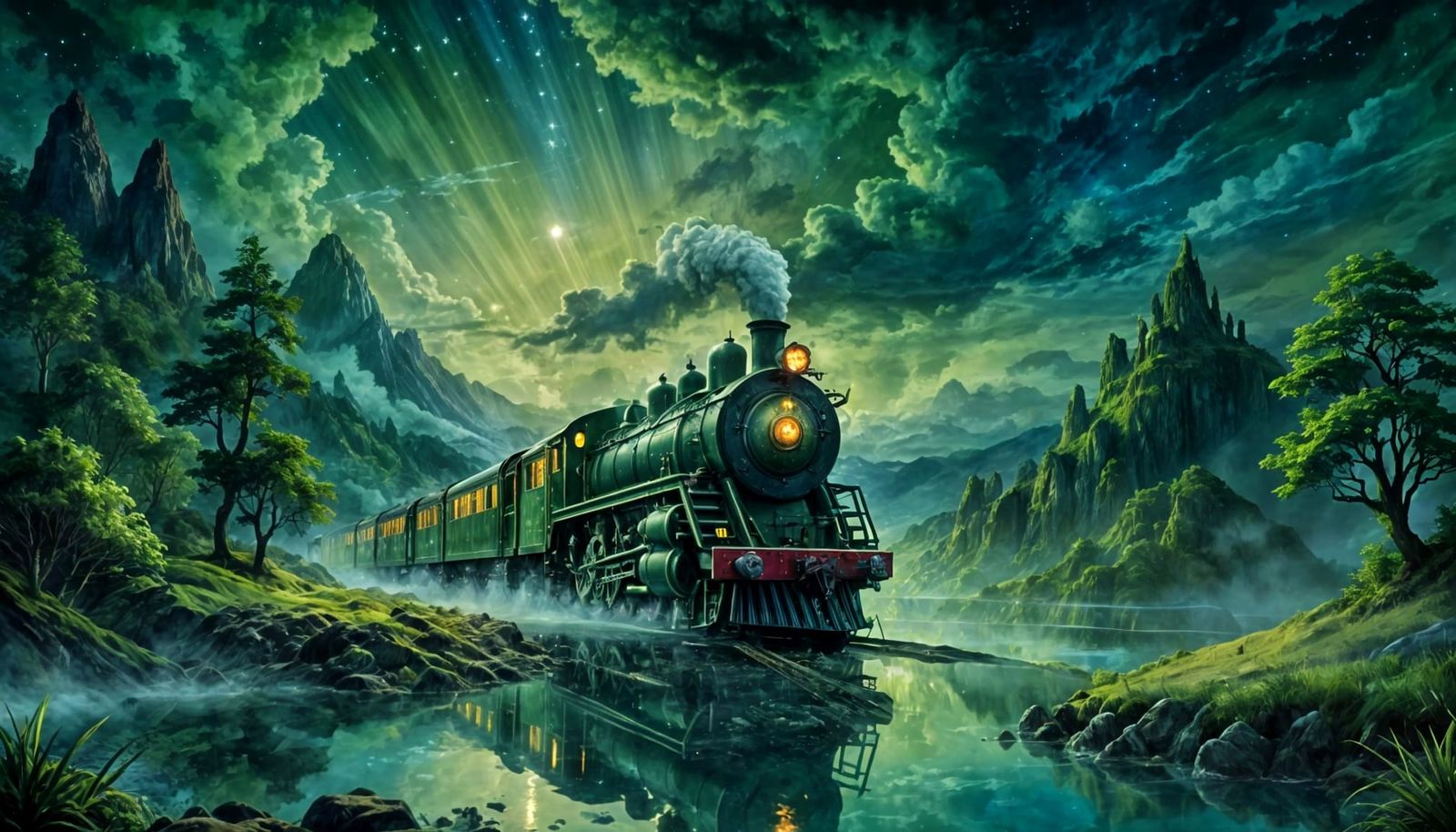 Fantasy Train Glides Through Magical Landscape at Night
