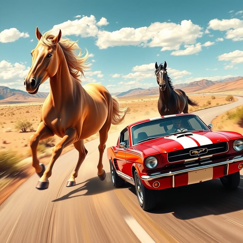 Majestic Mustangs Gallop Beside Classic Shelby GT350 in Dese...