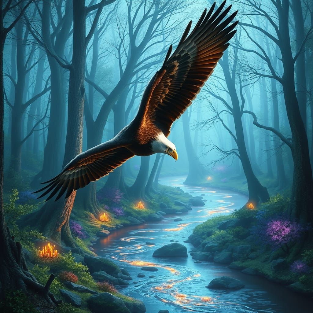 Mystical Eagle Soaring Through Enchanted Forest