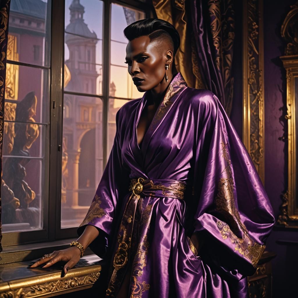 Grace Jones in Silk Robe, Baroque Glamour