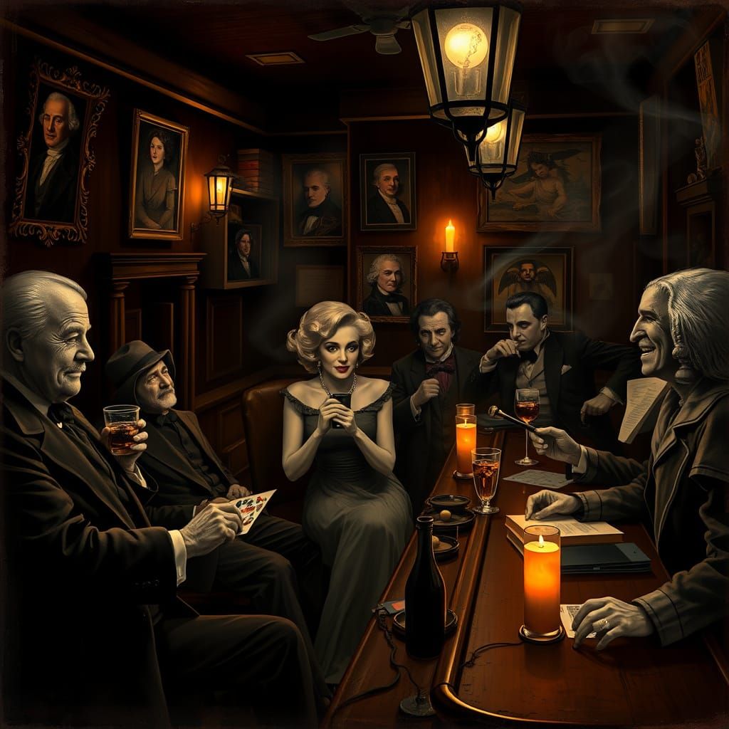 Historical Figures Gather in Smoky Speakeasy