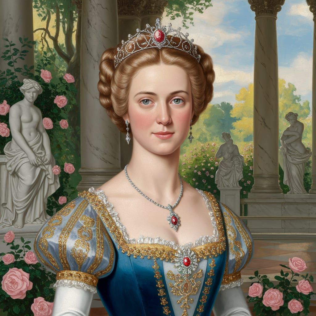 Regal Princess in Palace Garden with Elegant Gown and Tiara